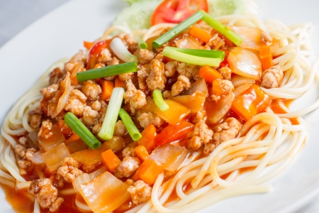 Closeup of spaghetti with meat, tomato sauce, and vegetables on white dishの写真素材