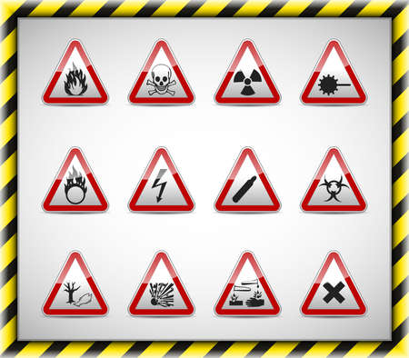 Isolated vector Danger sign collection with reflection and shadow on white background