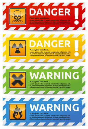 Danger sign banner with warning text. Isolated, multi color version on white background.のイラスト素材