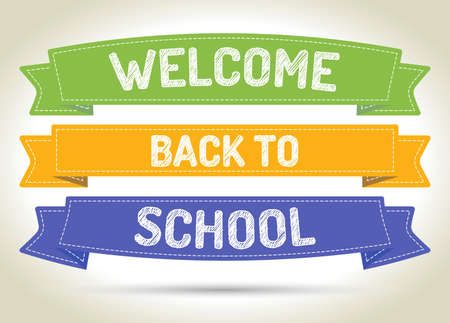 Welcome back to school - pen style text on colorized ribbons with shadow.のイラスト素材