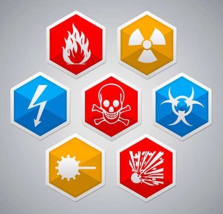 Danger sign - various color hexagon icon set with shadow on light backgroundのイラスト素材