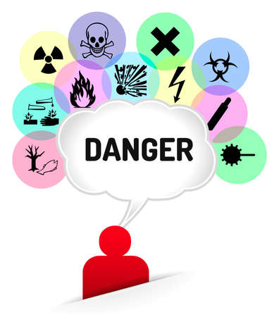 Thinking man, speech bubble with many danger sign on colored circleのイラスト素材