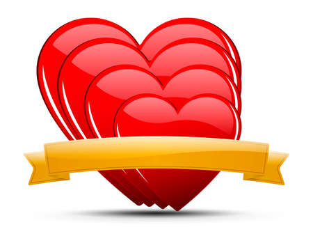 Glossy colored hearts with ribbon and shadow on light background - for your text.のイラスト素材