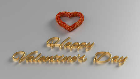 Happy Valentines Day 3D Render with gold text and red heartの写真素材