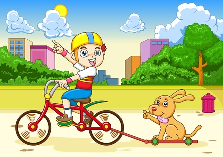 boy and dog Riding a bicycleの写真素材