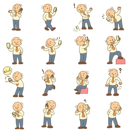 set of funny cartoon man and mobile phone vectorのイラスト素材