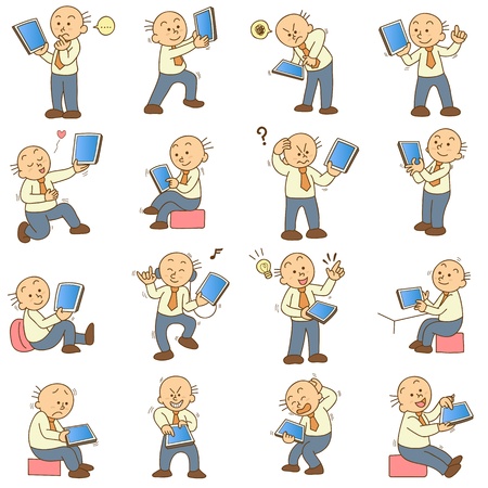 set of funny cartoon man and tablet vectorのイラスト素材