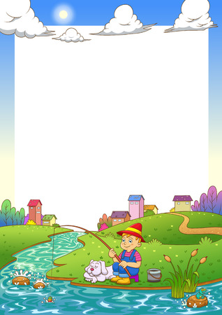 fishing boy frame. EPS10 File  simple Gradients,  simple Transparencies.All in separate group for easy editing.のイラスト素材