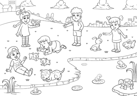 child and pet cartoon for coloringのイラスト素材