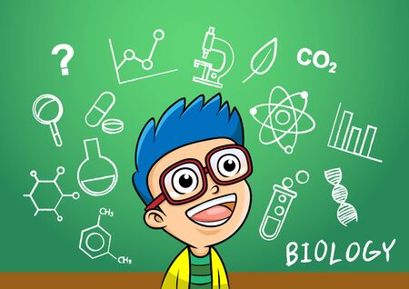 school boy write chemistry biology object in school blackboard. simple Gradients