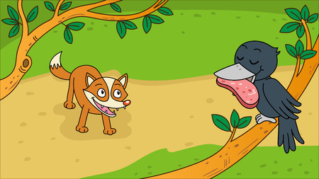 Vector illustration in comic style for Aesop's fable "The Fox and the Crow"のイラスト素材