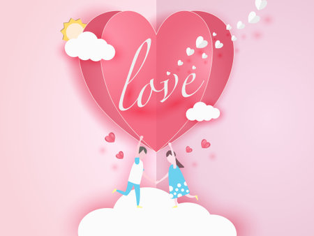 Love invitation card pink color with paper craft big hearts shape and joyful couple running on cloudy. Design for Valentineâs Day, greeting card, holiday, new year and festivals. Vector illustration.のイラスト素材