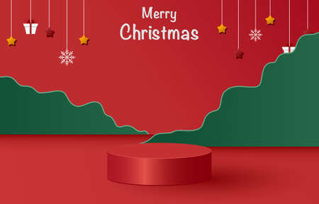 Christmas Stage background product scene and geometric platform. Stage background vector 3d rendering with podium. stage to show cosmetic products. Stage showcase on pedestal modern 3d studio platformのイラスト素材