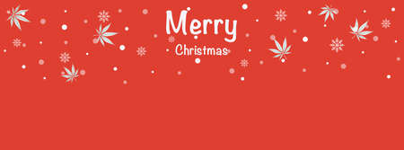 Christmas winter season landscape with text Merry Christmas, snow and  marijuana leaf. Design for banner template, social network website cover, poster, cover page. Red background. Vector illustrationのイラスト素材