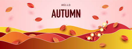 Autumn banner background with studio table room product display decorate Variety of autumn leaves falling. Text HELLO AUTUMN. Design for cover website, background, cover page. vector illustration.のイラスト素材