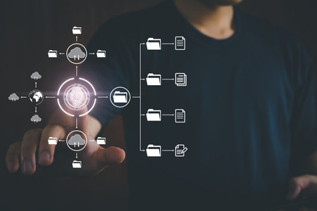 Man unlocks files in the cloud. Internet technology. Concept of global data connection by metaverse technology, big data ,search for information, online business, global network,  internet of thingsの写真素材