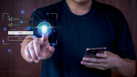 cyber security concept. fingerprint login, fingerprint scan user to verify identity, identity security and encryption, secure access to personal information. Access Internet Safely, Cyber ââSecurityの写真素材