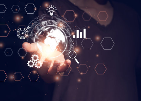 Person conducting online transactions with internet technology. Concept global data connection by metaverse technology , big data , search for information, e-commerce, online business.の写真素材