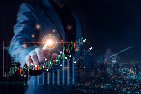 Businessman planning to invest in stock market. man touching success goals icon on virtual screen, stock graph is rising, economy is recovering, stock trading, bussiness start up, business success.の写真素材