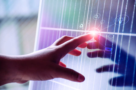energy saving concept Protect the environment. people finger touching solar panels, clean energy,...