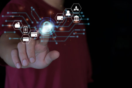 Cyber ââsecurity concept. business man touching lock icon on virtual screen, protect personal data, protect financial transactions, cyber security, internet secure, future metaverse, work from homeの写真素材