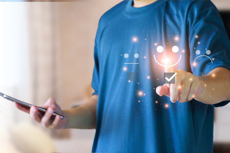 Customer satisfaction survey. Customer Satisfaction Rating, Smiley Emoji, Happy Customer, Good Service, Positive Rating, Happy Service, Five Star Service. Virtual touch screen, futuristic technology.の写真素材
