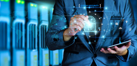 Data Protection Concept. Businessman touching the padlock. on the virtual screen in the digital world, data theft prevention, data safe, cyber security, privacy protection, internet networking.の写真素材