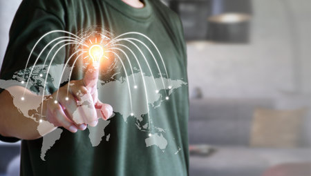 Global network concept. Person having business ideas with global network, business planning, digital world, internet network, global logistics, digital business, product export, logistics system.の写真素材