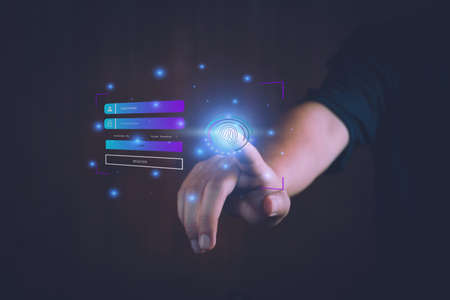 cyber security concept. fingerprint login, fingerprint scan user to verify identity, identity...