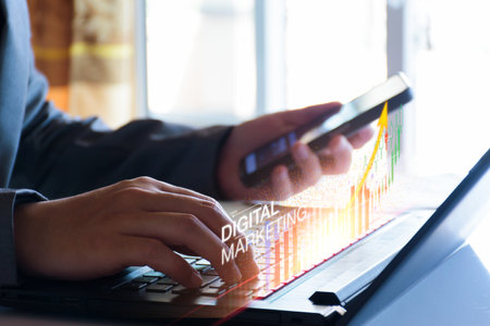 Digital marketing concept. Business man analyzing internet marketing online, business planning, online digital business, online stock market analysis, stock chart upward trend, digital stock trading.の写真素材