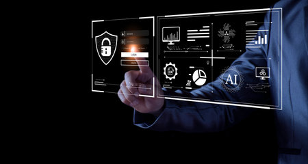 Cyber security concept. Businessman login access business sensitive information, data security, secure company internet network, hack protection, fingerprint scanner, cyber space, business securityの写真素材
