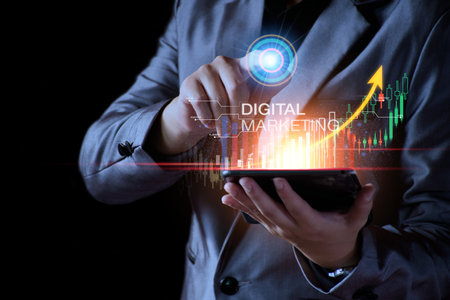 Digital marketing concept. Business man analyzing internet marketing online, business planning, online digital business, online stock market analysis, stock chart upward trend, digital stock trading.の写真素材