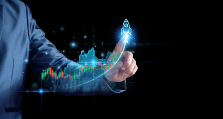Businessman planning to invest in stock market. man touching success goals icon on virtual screen,...