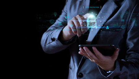 Cyber security concept. Businessman unlocking to access digital data in internet, business sensitive data lock, padlock, data security, top secret, digital files, corporate secrets, digital securityの写真素材