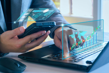 Digital marketing concept. Business man analyzing internet marketing online, business planning, online digital business, online stock market analysis, stock chart upward trend, digital stock trading.の写真素材