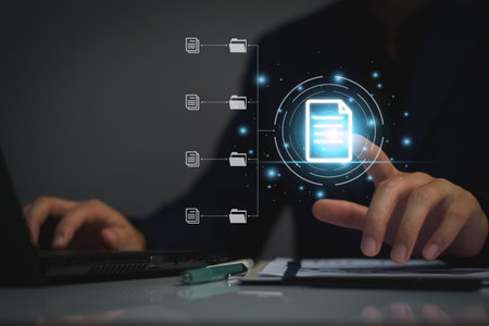 Document management system concept, business man holding folder and document icon software,...