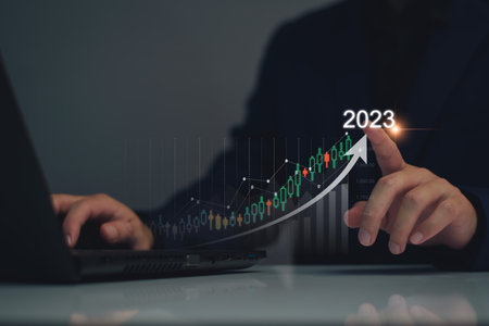Digital marketing 2023 goals. Businessman analyzing internet marketing online, 2023 business...