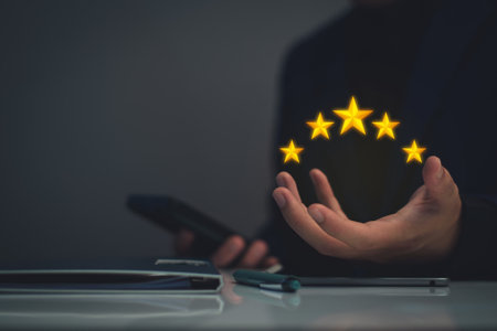 Quality Assurance Concept. Business people show high quality assurance mark, good service, premium, five stars, premium service assurance, excellence service, high quality, business excellence.の写真素材