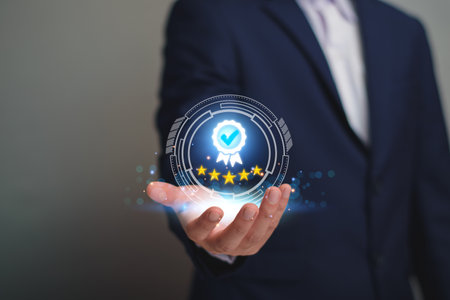 Quality Assurance Concept. Business people show high quality assurance mark, good service, premium, five stars, premium service assurance, excellence service, high quality, excellence guarantee.の写真素材