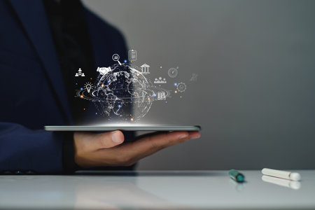 Digital business internet connection online network. Businessman use tablet access digital online global business, technology, long term investment plan, financial stability, global marketing analysisの写真素材