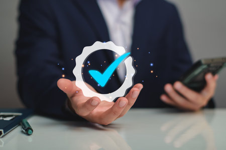 Quality Assurance Concept. Business people show high quality assurance mark, good service, premium, five stars, premium service assurance, excellence service, high quality, excellence guarantee.の写真素材
