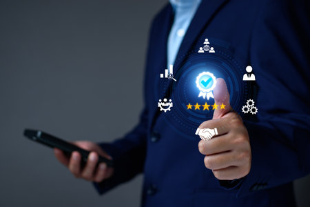 Quality Assurance Concept. Business people show high quality assurance mark, good service, premium, digital signature, premium service assurance, excellence service, high quality, excellence guaranteeの写真素材