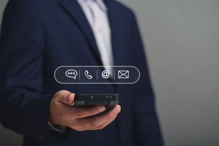 Contact us concept. Business man consulting customers who contact us, call center service, customer...