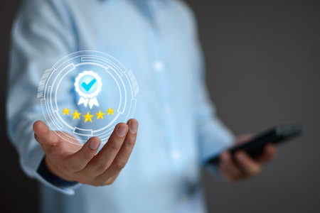 Quality Assurance Concept. Business people show high quality assurance mark, good service, premium,...
