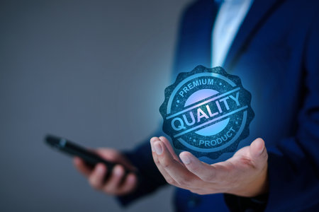 Quality Assurance Concept. Business people show high quality assurance mark, good service, premium, digital signature, premium service assurance, excellence service, high quality, excellence guaranteeの写真素材