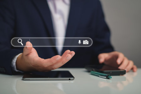 Data Search Technology Search Engine Optimization. Business people are searching for information in...