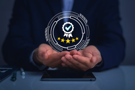 Quality Assurance Concept. Business people show high quality assurance mark, good service, premium, digital signature, premium service assurance, excellence service, high quality, excellence guaranteeの写真素材
