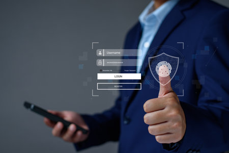 cyber security concept. user privacy security and encryption, secure internet access Future technology and cybernetics, screen padlock, biotic login technology fingerprint scanning. privacy protectionの写真素材