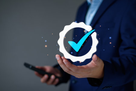 Quality Assurance Concept. Business people show high quality assurance mark, good service, premium, digital signature, premium service assurance, excellence service, high quality, excellence guaranteeの写真素材