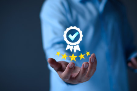Quality Assurance Concept. Business people show high quality assurance mark, good service, premium, digital signature, premium service assurance, excellence service, high quality, excellence guaranteeの写真素材